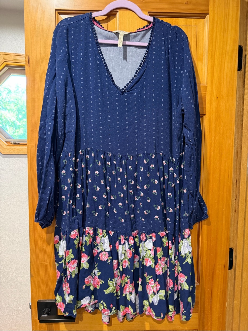 Matilda Jane Navy Floral Tiered V-Neck Dress with Pink Accents